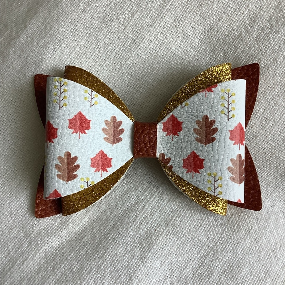 Fall leaves gold glitter hair bow | brown faux leather | thanksgiving holiday